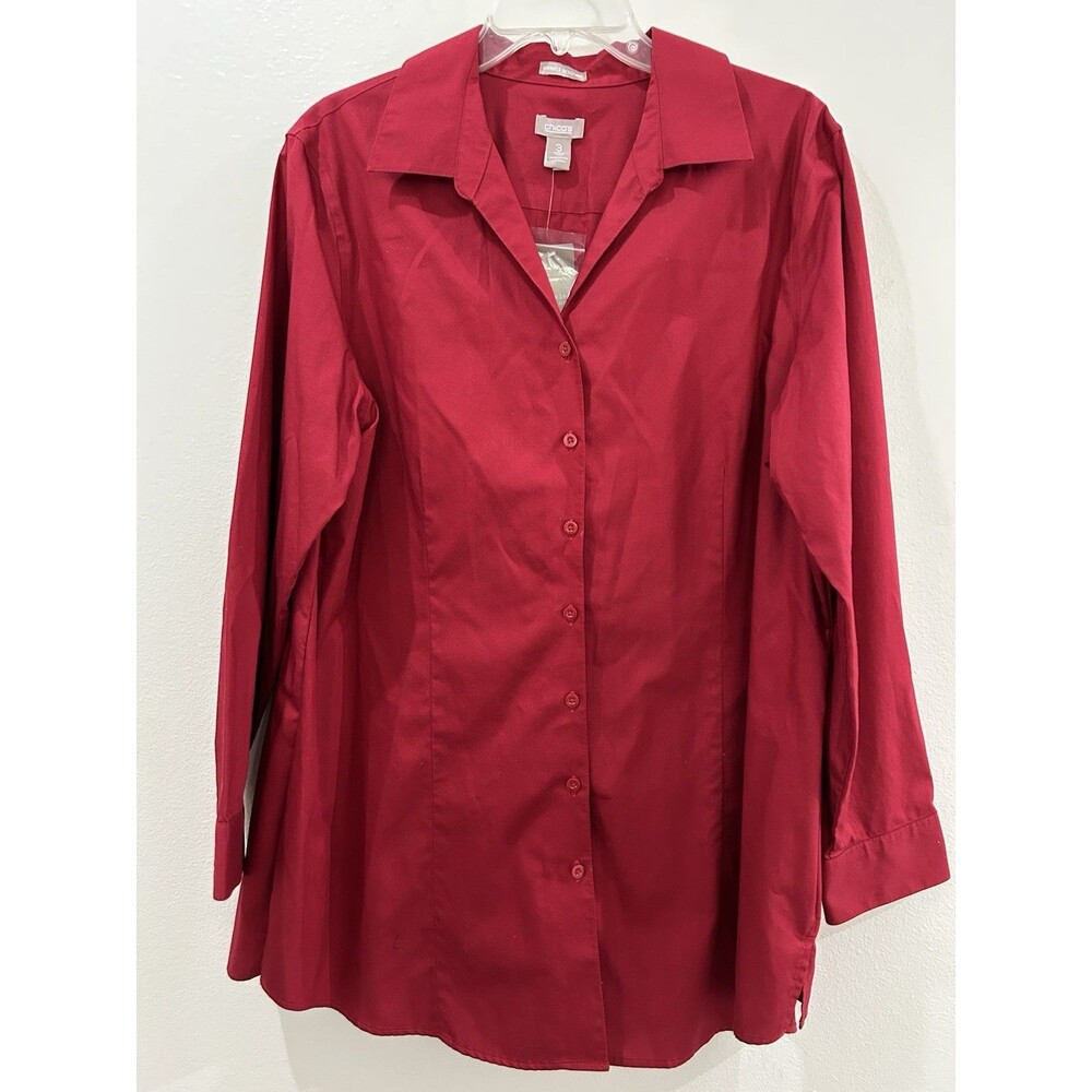 Chicos Red Size 3 Womens XL No Iron Top NWT Hidden Buttons Collared Long Sleeves